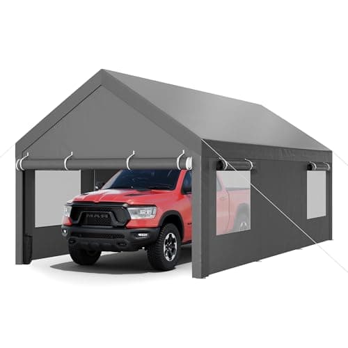 JY QAQA Carport, 12x20 FT Heavy Duty Carport with Removable Side Walls and Doors, Portable Garage with Roll-Up Window and Sandbags, Car Canopy with All-Season Tarp for Cars, Trucks, Boats, Gray