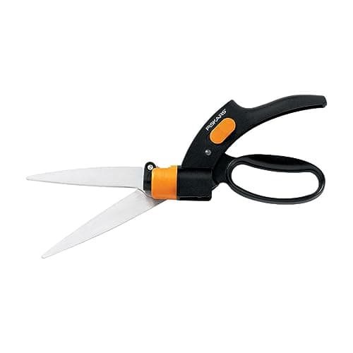 Fiskars Shear Ease Grass Shears - 5" Stainless Steel Blades - 360-Degree Swivel Blade Plant Cutting Scissors - Garden Shears and Grass Cutter, Black