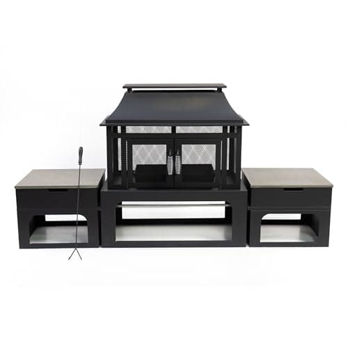 70 Inch Rectangular Outdoor Fireplace - Steel Woodburning Fireplace with Side Tables - Fire Place with Integrated Log Storage and Log Poker - Durable Fireplace for Patio Backyard