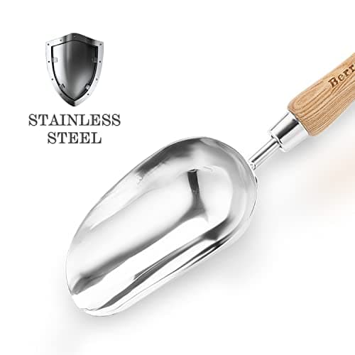 Garden Loose Soil Scoop, Stainless Steel Hand Shovel Spade with Wood Handle Multi Function Gardening Trowel Spoons for Transplanting, Digging, Planting, Cultivation