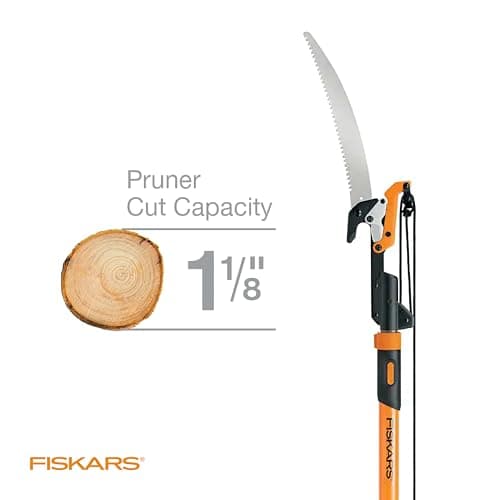 Fiskars 7ft-14ft Power-Lever Extendable Pole Saw and Tree Pruner, Lawn and Garden Tools, Black/Orange