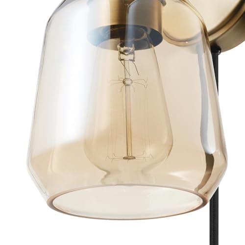 GLOBE Electric 51715 1-Light Plug-in or Hardwire Wall Sconce, Matte Brass, Smoked Amber Glass Shade, Black Fabric Cord, in-Line On/Off Switch, Bedroom, Living Room, Mounted Bedside Lamp