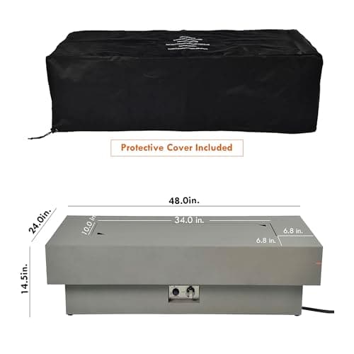 48-inch Fire Table with Natural Gas Conversion Kit, 50,000BTU Outdoor Modern Patio Fire Pit Table w/Rectangular Burner Lid, Glass Rocks, Cover