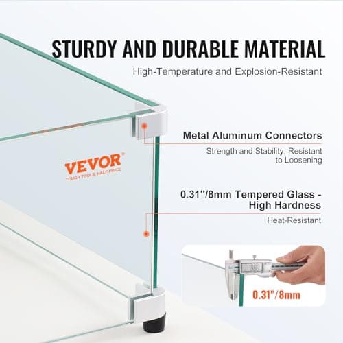 Glass Wind Guard for Rectangular Fire Pit Table 31 x 12.5 x 6.5 Inch, 0.31 inch Thick and Sturdy Tempered Glass Panel with Hard Aluminum Corner Bracket & Rubber Feet, Easy to Assemble