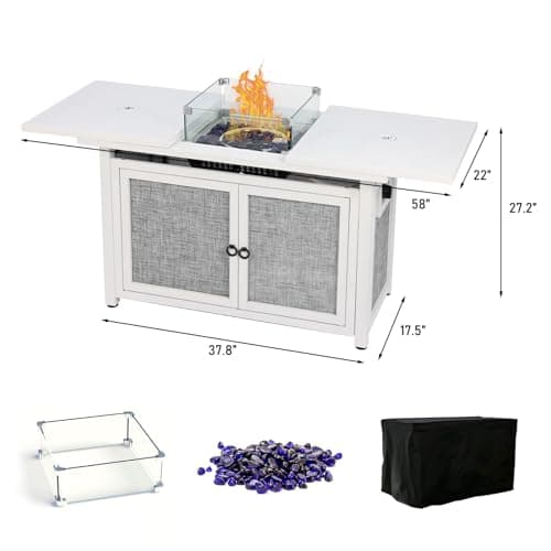 42inch Propane Fire Pit Table, Rectangular Gas Firepit Table with Removable Desktop,2 Tier Storage Shelves, Tempered Glass and Rain Cover for Garden, Patio & Backyard (White)