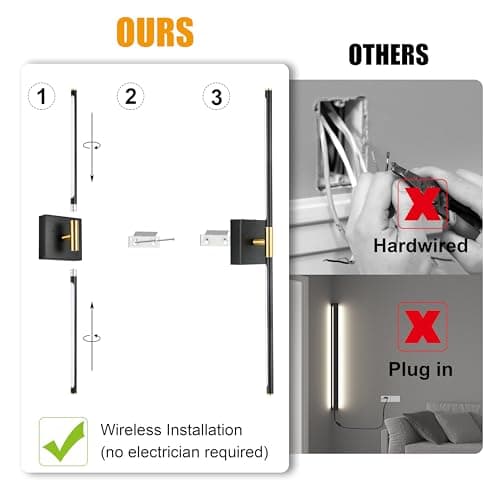 Battery Operated Wall Sconces Set of 2, Dimmable Battery Wall Sconce with Remote Control, Black Gold LED Rechargeable Sconces, 24 Inch Modern Wireless Wall Lights for Bedroom, Living Room