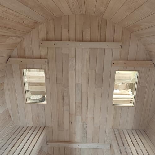 Outdoor Sauna 4 Person, Canadian Hemlock Barrel Sauna with 4.5KW ETL Heater, 220V, Waterproof System, Asphalt Shingles, Rubber Base(0-195℉)