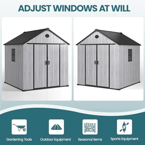8 x 8 FT Resin Storage Shed Outdoor Storage Shed Storage Sheds Outdoor with Floor, Side Window, Plastic Shed with Lockable Door, Front Rear Vents for Backyard, Garden, Patio (8x8 FT)