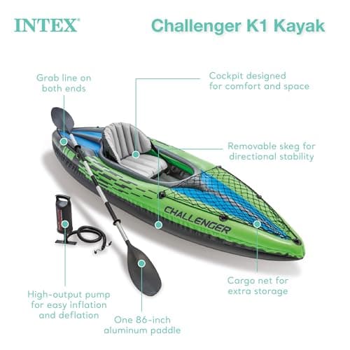 INTEX Challenger Inflatable Kayak Series: Includes Deluxe 86in Kayak Paddles and High-Output Pump – SuperStrong PVC – Adjustable Seat with Backrest – Removable Skeg – Cargo Storage Net