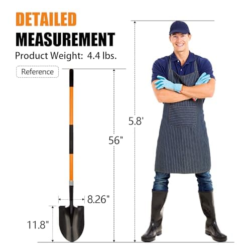 Heavy Duty Gardening Shovel, 56 Inch Round Blade with Fiberglass Handle (Orange)