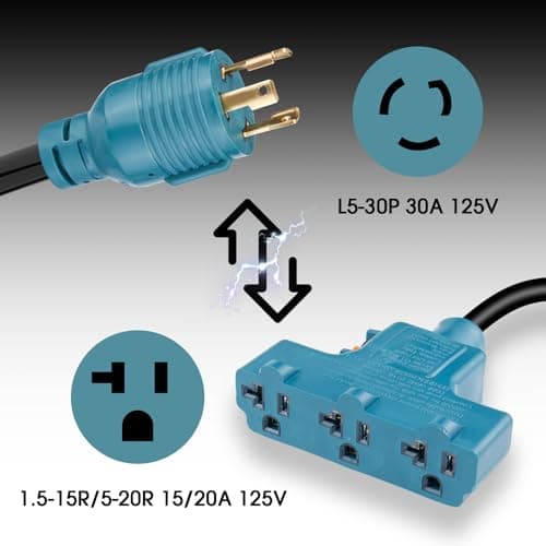 NEMA L5-30P to 5-15/20R RV Generator Adapter with Circuit Breaker, Converts a 30A Locking Outlet to 3X 15A/20A Household Outlets (1.5FT)