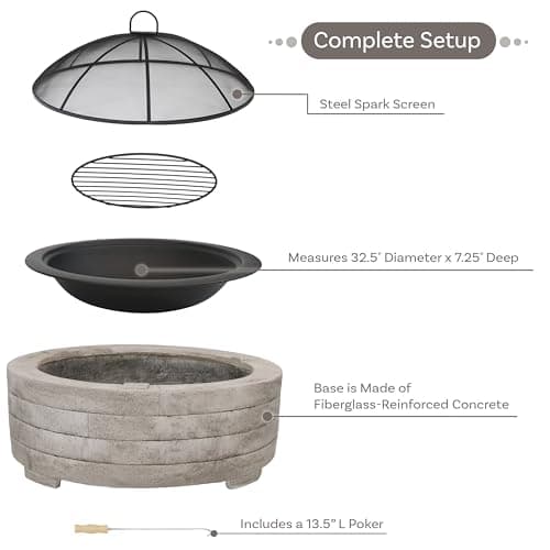 Sunnydaze 36-Inch Faux Stone Fire Pit Bowl with Handles - Wood Burning Fireplace with Spark Screen and Poker