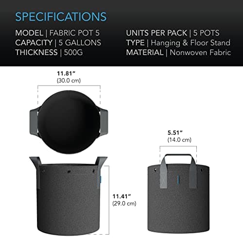AC Infinity Heavy Duty Fabric Pots, 5 Gallon Aeration Reusable Grow Bags 5-Pack with 500G Thick Nonwoven Fabric and Multi-Purpose Rings, for Low Stress Plant Training Fruits, Vegetables, and Flowers