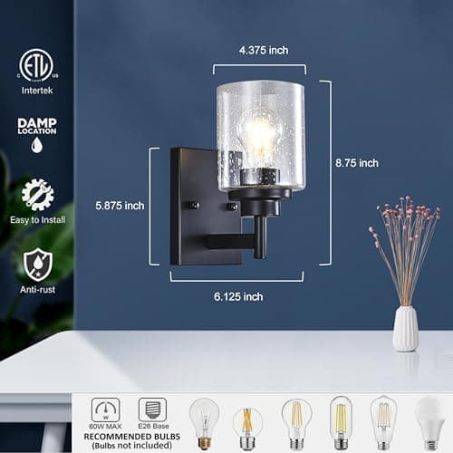 Set of 2 Wall Sconces Bathroom Light Fixture, 2 Pack Black Wall Light Seeded Glass Vanity Lighting Fixture, 4.375 Inch 1 Light Black Modern Wall Decor for Bathroom Living Room Farmhouse Dressing Room