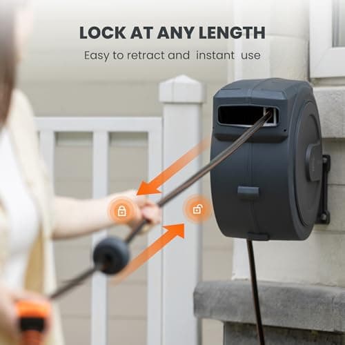 Giraffe Tools AW30 Garden Hose Reel Retractable 1/2" x 100 ft Wall Mounted Water Hose Reel Automatic Rewind, Any Length Lock, 100 ft, Dark Grey