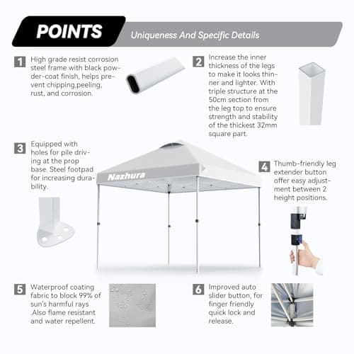 Nazhura 10' x 10' Pop Up Canopy Tent with Sand Weight Bag, Freestanding Sun Shelter for Picnic and Camping, One Person Setup and Height Adjustable (White)