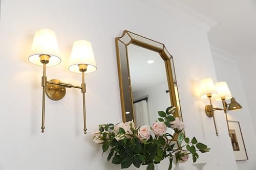 PERMO Classic Rustic Double Sconce 2-Lights Wall Sconce Lighting Fixture with Flared White Textile Lamp Shade and and Antique Brass Finished Long Arm,Wall Sconce Light Fixture for Bathroom Bedroom