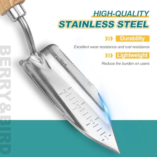 Potting Trowel, Stainless Steel Serrated Hand Shovel, Wood Handle Garden Trowel Tool with Measuring Scale for Effortless Digging,Roots，Planting, Cutting and Transplanting