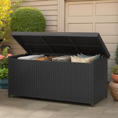 YITAHOME 260 Gallon Deck Box, XXL All-Weather Wicker Outdoor Storage Box, Oversized Rattan Storage Cabinet for Patio Furniture, Cushions, Pool Storage and Garden Tools (Black)