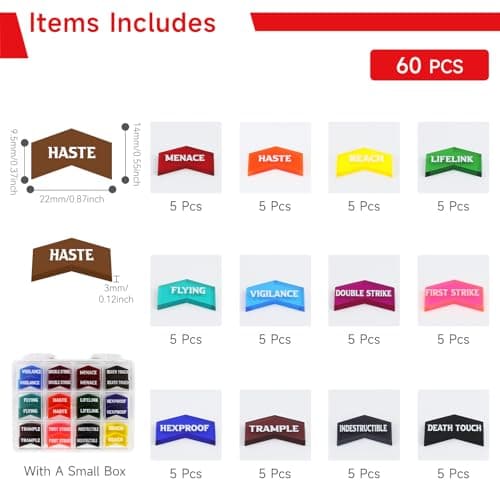 SIXPOINTS 60 Pieces MTG Keyword Counters -Set of Color Coded MTG Tokens & Box Set Compatible with Magic The Gathering, TCG, Card Games Accessories (MTG Keyword Counters)