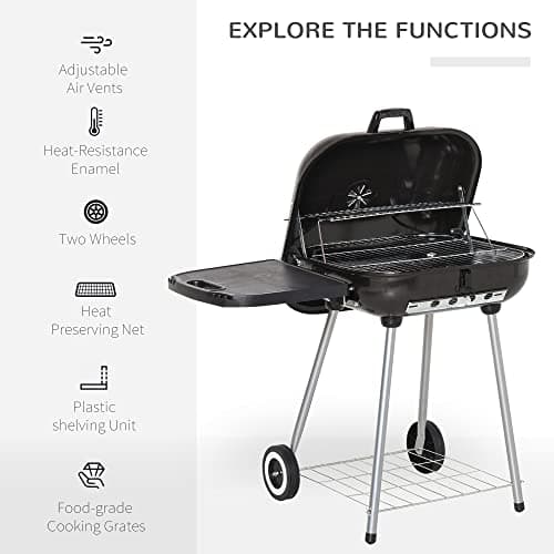 Outsunny Portable Charcoal Grill with Foldable Side Shelf and Bottom Shelf, BBQ Smoker with Wheels and Adjustable Vents on Lid for Picnic Camping Backyard Cooking, Black