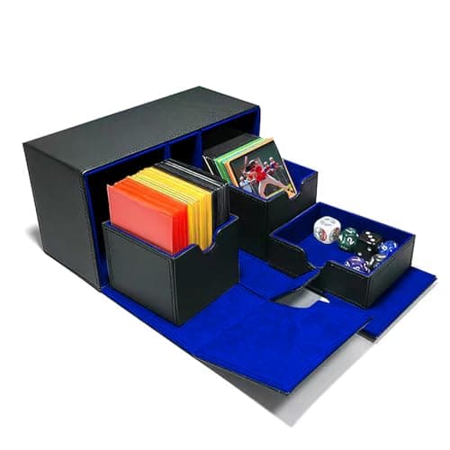 Card Deck Case for Trading Cards, Deck Storage Box for 200 Single Sleeved Cards Large Twin Flip Deck Case with 1 Storage Dice & 2 Trays Fits EDH/YuGiOh/MTG/TCG/CCG (Small-Black&Blue)