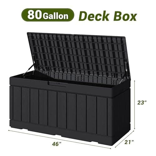 Devoko 80 Gallon Deck Box, Waterproof Resin Outdoor Storage Box for Outside and Patio, Outdoor Storage Bench Lockable for Patio Furniture, Garden Tools and Pool Supplies (Black, 80 Gallon)