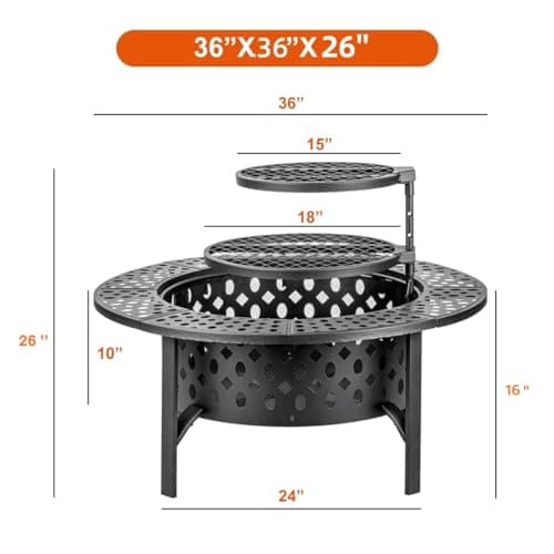 36 Inch Fire Pit with 2 Grills, Wood Burning Fire Pits for Outside with Lid, Poker and Round Waterproof Cover, BBQ& Outdoor Firepit & Round Metal Table 3 in 1 for Patio, Picnic, Party
