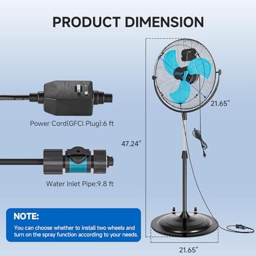 5600 CFM 20" High Velocity Outdoor Misting Fan, Standing Fans for Patio Waterproof, Cooling Floor Fan 3-Speed, 360°Oscillation, Adjustable Height, 2 Casters, Heavy Duty Metal Industrial Fan
