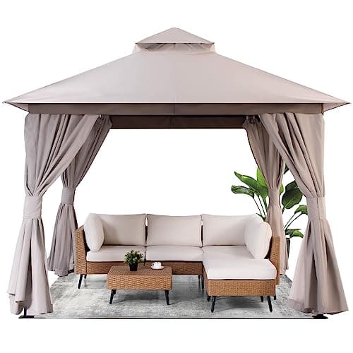 LAUSAINT HOME Outdoor Patio Gazebo with Expansion Bolts, Double Roof Soft top Gazebos Shelter Party Tent with Mosquito Nettings and Privacy Screens for Backyard, Deck, Garden, Lawn (10x10, Khaki)