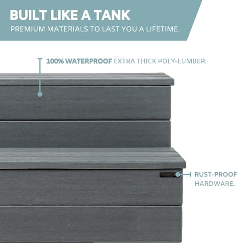 Hot Tub Steps - Wood-Looking Plastic, 100% Waterproof, Gray Non-Slip, Heavy Duty Outdoor Spa Stairs - Multi-Use for Porch, Fits Any Size