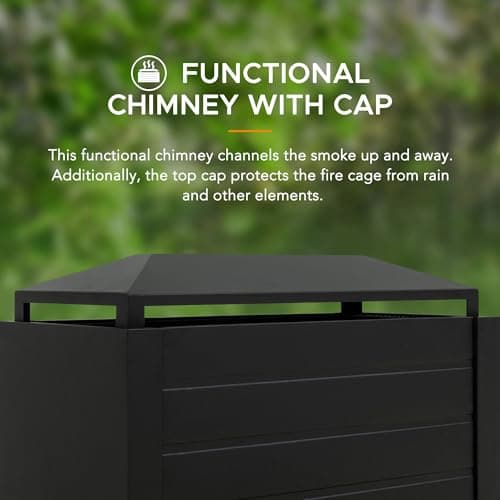 Sunjoy Outdoor Fireplace with Wood Storage and Chimney, Steel Metal Fire Pit with Mesh Spark Screen Door & Fire Poker, Fireplace Tool and PVC Cover, for Patio Garden Deck Backyard, Black