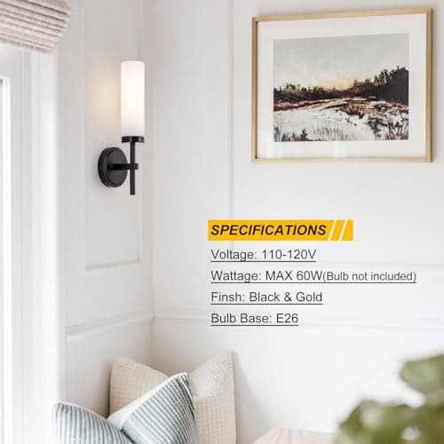 Black Bathroom Wall Sconces Set of 2, Modern Sconces Wall Lighting Vanity Lights with Opal White Glass Shade, Farmhouse Wall Mount Lamp for Mirror Living Room Bedroom Hallway Kitchen Stairs