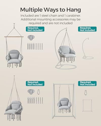 SONGMICS Hanging Chair, Hammock Chair with Large, Thick Cushion, Boho Swing Chair for Bedroom, Patio, Balcony, Garden, Holds up to 264 lb, Accessories Included, Dove Gray UGDC042G11