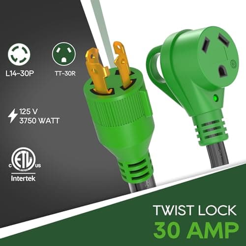 RVGUARD 4 Prong 30 Amp to 30 Amp RV Generator Adapter Cord 12 Inch, STW 10/3, L14-30P Locking Male Plug to TT-30R Female with LED Power Indicator, Green