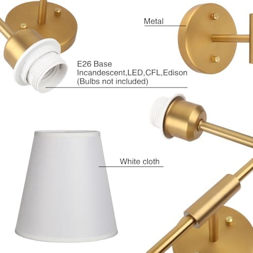 PERMO Classic Rustic Double Sconce 2-Lights Wall Sconce Lighting Fixture with Flared White Textile Lamp Shade and and Antique Brass Finished Long Arm,Wall Sconce Light Fixture for Bathroom Bedroom