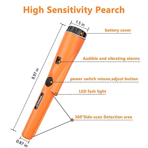 Metal Detector Pinpointing,Waterproof Pinpointer 360 Degree Search Gold&Treasure Finder with Belt Holster &LED Indicator& Buzzer Vibration, for Adults and Kids (Orange)