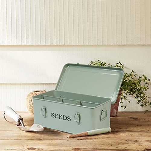 Seed Saving Box, Metal Seed Bin, Seed Storage Organizer Box, Seed Packet Container with Lid, Seed Envelope Storage Box, 4 Compartments Garden Seed Bin with Safety Locks-Green