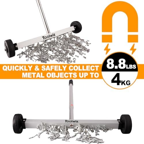 Toolwiz Magnetic Pick Up Sweeper 17-inch Heavy Duty Magnet Pickup Lawn Sweeper Roofing Tools, 8.8 Lbs Yard Tools with Telescoping Holder and Wheels to Clean Nails Adjustable Handle for Construction
