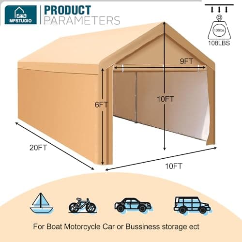 MFSTUDIO Carport 10x20 ft, Heavy Duty Carports Car Canopy Tent with Removable Sidewalls Doors, Portable Garage Waterproof UV-Resistant Car Ports for Camping SUV, Cars, Trucks, Boats, and Vehicles