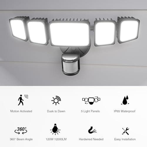 Onforu 120W 12000LM LED Security Lights Motion Sensor Outdoor, Dusk to Dawn Flood Lighting, 5 Heads 360° Wide Angle Illumination, 6500K IP65 Waterproof Hardwired Floodlight Motion Detection (Black)