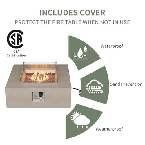 COSIEST 35-inch Square Outdoor Sandstone Propane Fire Pit w Wind Guard and Side Table, CSA Certified, 50,000 BTU Stainless Steel Burner, Free Lava Rocks and Rain Cover, Metal Lid(Gray)