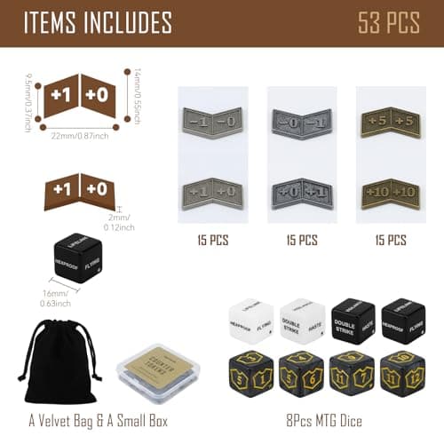 53Pcs MTG Antique Metal Buff Counter Tokens & MTG Keyword/Counters Dice Set, Magic Card Creature Stats or Loyalty Counter for TCG Card Gaming Accessories with Velvet Bag & Box