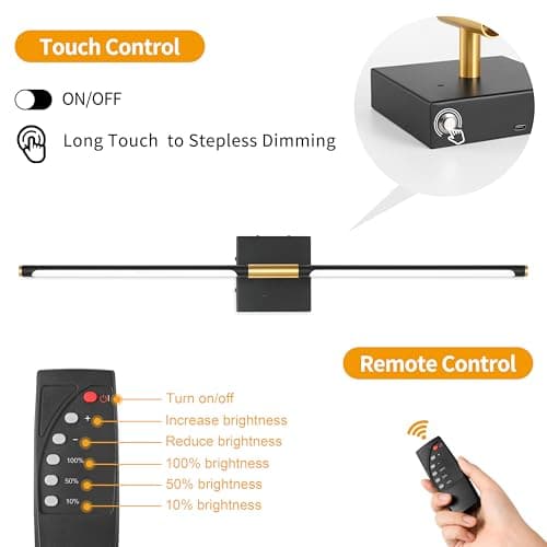 Battery Operated Wall Sconces Set of 2, Dimmable Battery Wall Sconce with Remote Control, Black Gold LED Rechargeable Sconces, 24 Inch Modern Wireless Wall Lights for Bedroom, Living Room