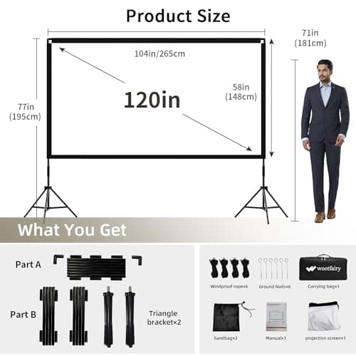 Projector Screen with Stand, Wootfairy 120 inch Portable and Foldable Indoor Outdoor Projection Screen 16:9 4K HD Rear Front Wrinkle-Free Movie Screen with Carry Bag for Home Theater Backyard Cinema