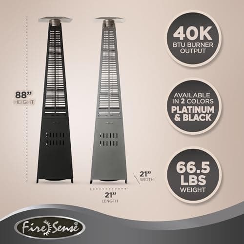 Fire Sense 66991 Pyramid Flame Patio Heater 40,000 BTU Outdoor Propane Heater Tower with Wheels - Black