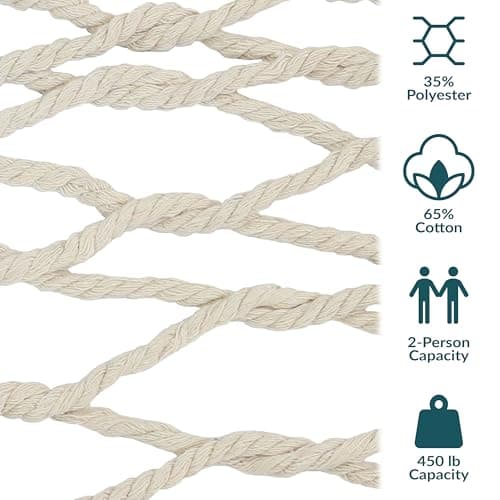 Sunnydaze Cotton Rope Double Hammock for Outside - 450-Pound Capacity Indoor or Outdoor Hammock with Spreader Bars - Natural