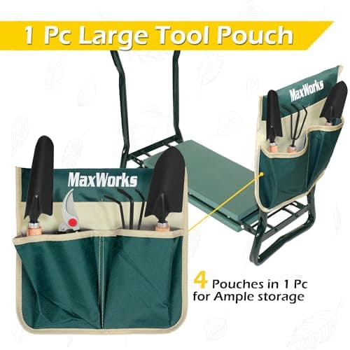 MaxWorks 50921 Folding Garden Kneeler Stool with 8 inch Wide Kneeling Pad, with 1 Tools Pouch for Planting and Gardening