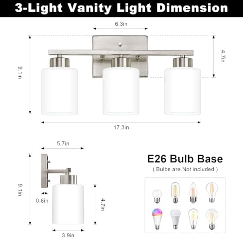 Brushed Nickel Bathroom Light Fixtures, 3-Light Modern Vanity Light Over Mirror, Wall Sconces with Milky White Frosted Glass Shades, E26 Socket (Bulbs Not Included)