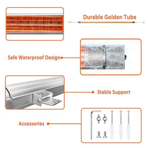 Wall-Mounted Patio Heater for Outdoor Use Electric Infrared Heaters 1500w with 3 Level,Waterproof Space Garage Heater, 3s Heating Remote Control, Silver